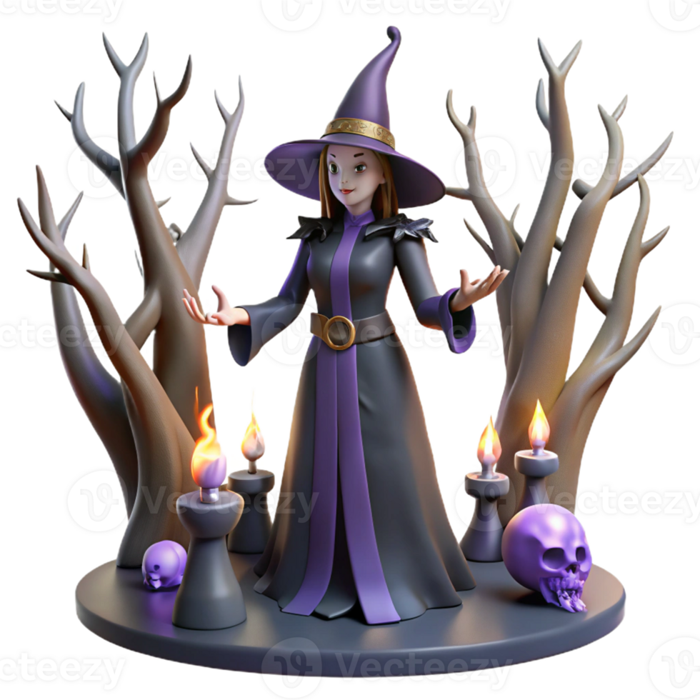 Witchcraft 3D Render Halloween Scene A magical scene of witchcraft navigating a world of Halloween, captured in a stunning three-dimensional render. png