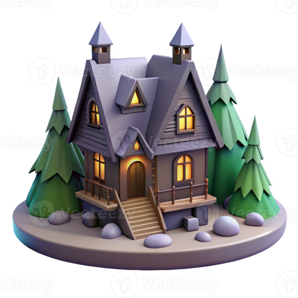 Enchanted House 3D Model A magical scene of a house navigating the digital landscape, captured in a stunning three-dimensional model. png
