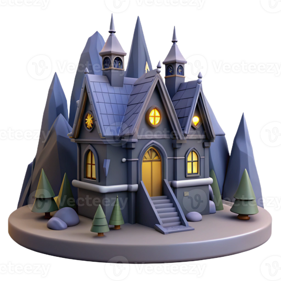 Enchanted Mountain House 3D Model A magical scene of a house navigating a mountain, captured in a stunning three-dimensional model. png