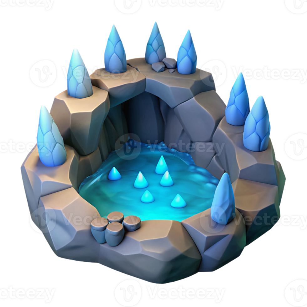 Icy Cave Pool 3D Render A serene depiction of a pool encased in ice, brought to life in a stunning three-dimensional render. png