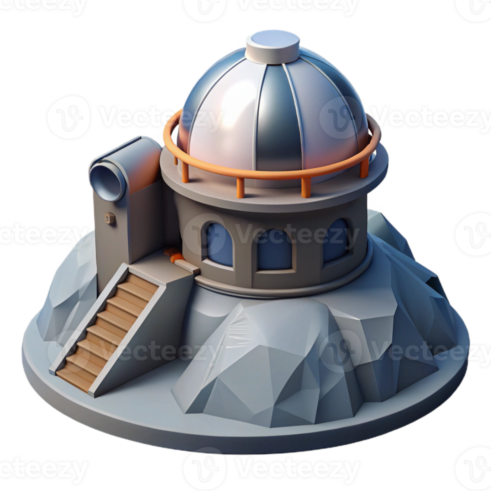Low-Poly Observatory on a Hilltop A dynamic depiction of an observatory navigating a world of hilltops, captured in a low-poly design in a digital world. png