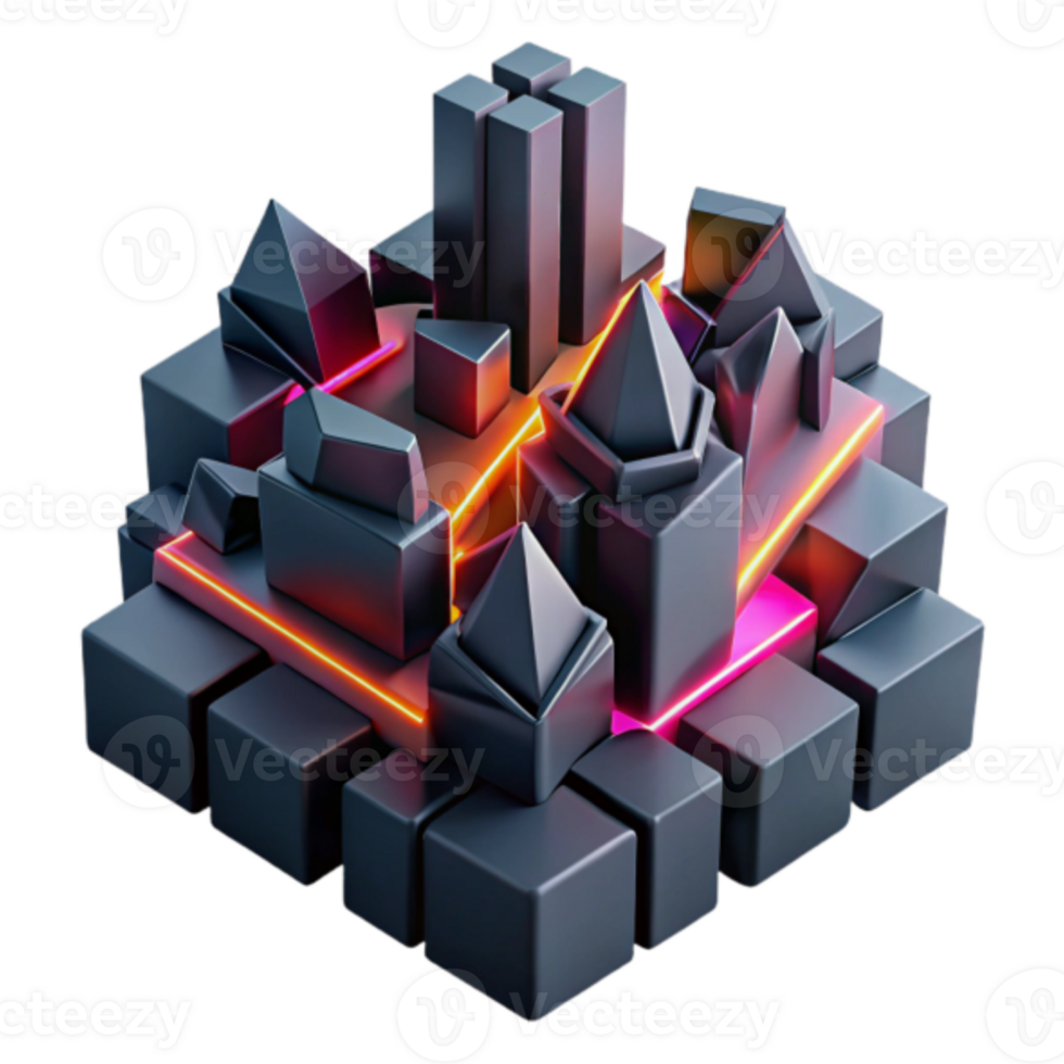 Abstract 3D Render of Geometric Shapes Illuminated with Neon Lights png