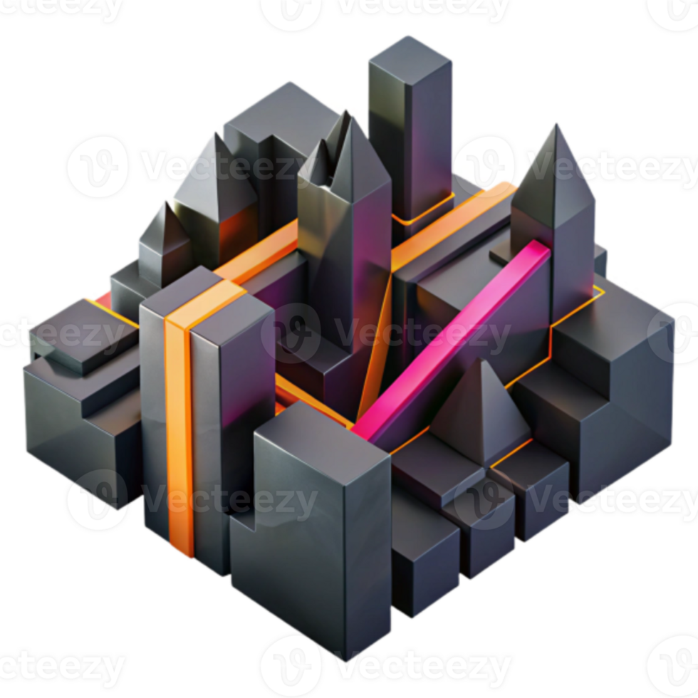 Abstract 3D Render of Geometric Shapes Interlocking Cityscape png