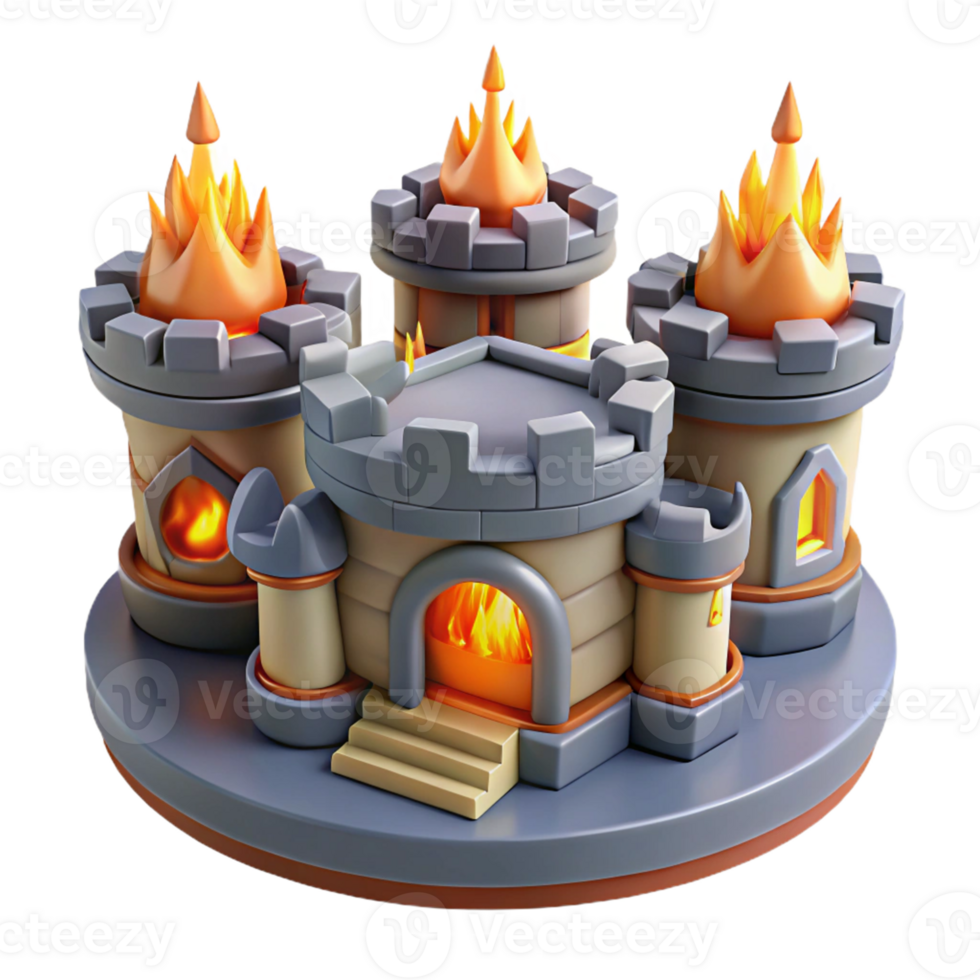 Fiery Castle 3D Model A dynamic depiction of a castle navigating a world of fire, captured in a stunning three-dimensional model. png
