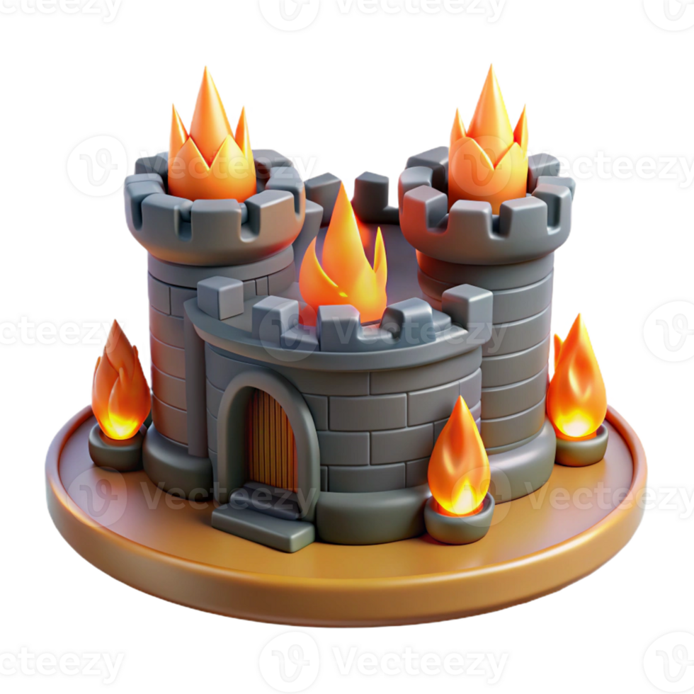 Burning Castle 3D Model A dynamic depiction of a castle ablaze with fire, captured in a stunning three-dimensional model. png