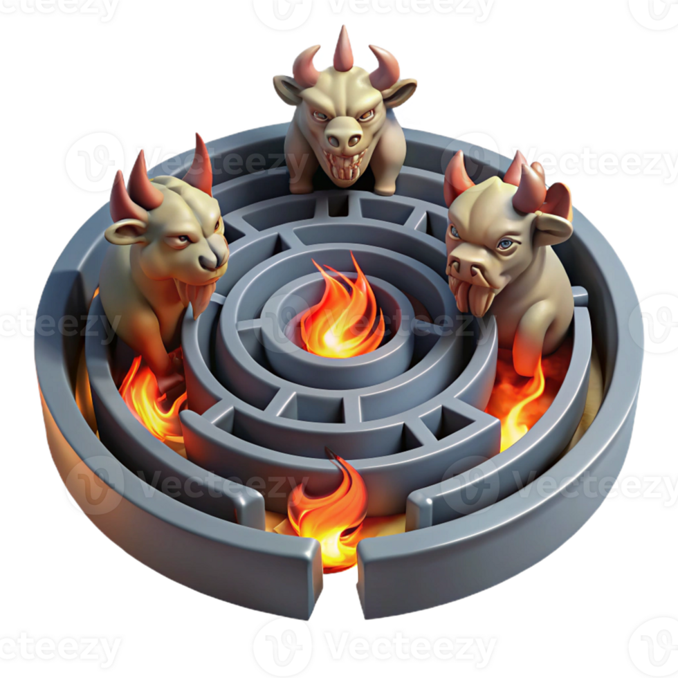 Infernal Maze with Horned Beasts and Fire in a Haunting Three Dimensional Scene of Fantasy png