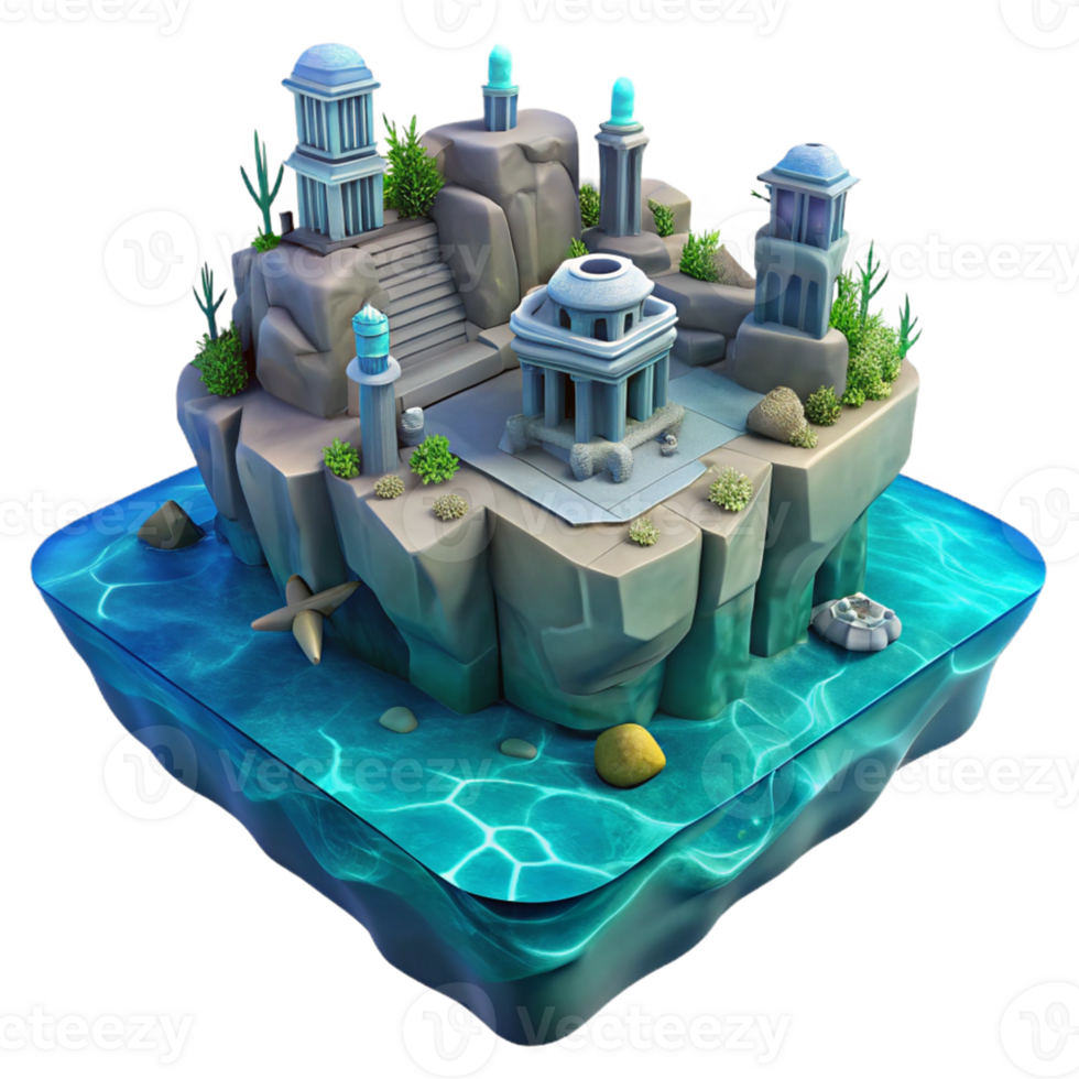 Island Temple Three Dimensional Model in a Majestic Scene of Historical Design png