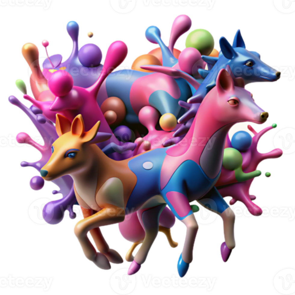 Vibrant 3D Render of Colorful Deer and Wolf in Paint Splash png