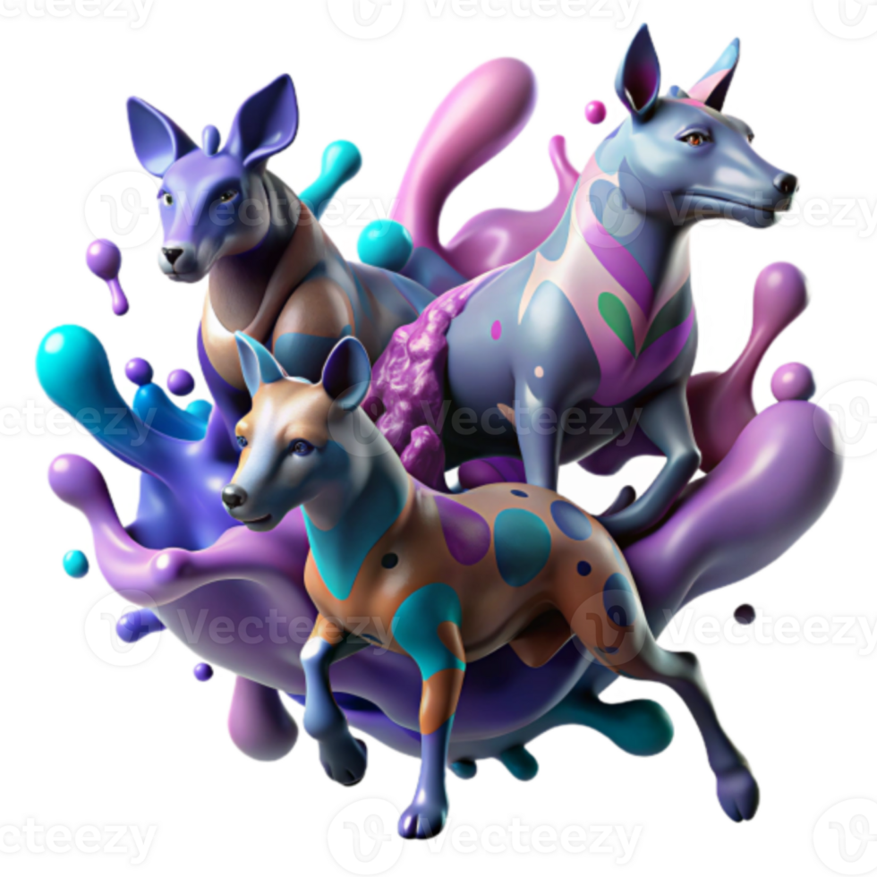 Vibrant 3D Illustration of Spotted Dogs in Colorful Paint Splashes png