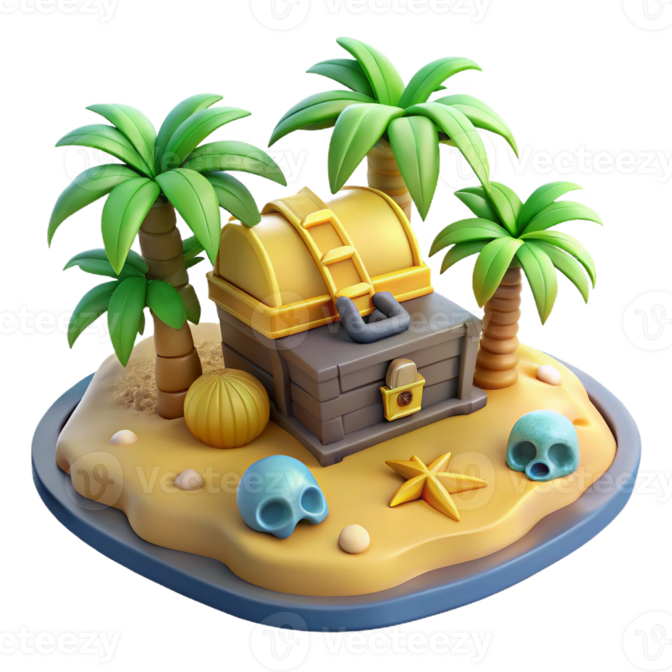 Tropical Island with a Treasure Chest in a Majestic Three Dimensional Scene of Adventure png
