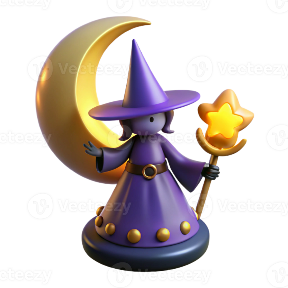 Cute Witch with a Crescent Moon and Star in a Whimsical Three Dimensional Scene png