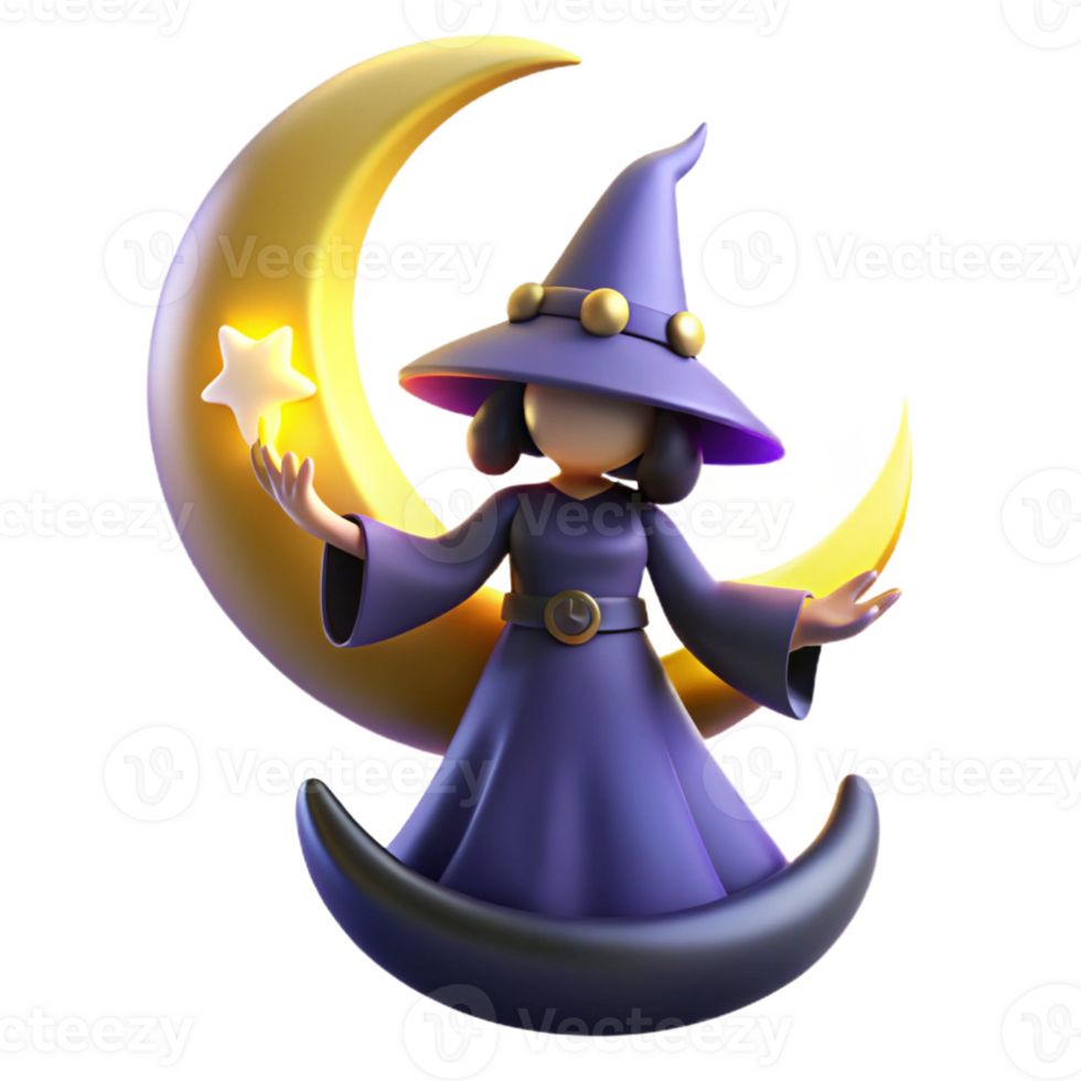 Witch on Crescent Moon with Star A mystical 3D render of a witch on a crescent moon with a star, capturing her enchanting presence and magical elements. png