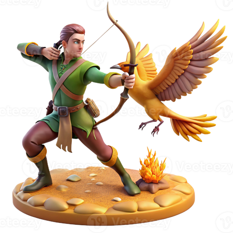 Archer and Firebird in a Fantasy Three Dimensional Render with Dynamic Action and Enchanting Atmosphere png