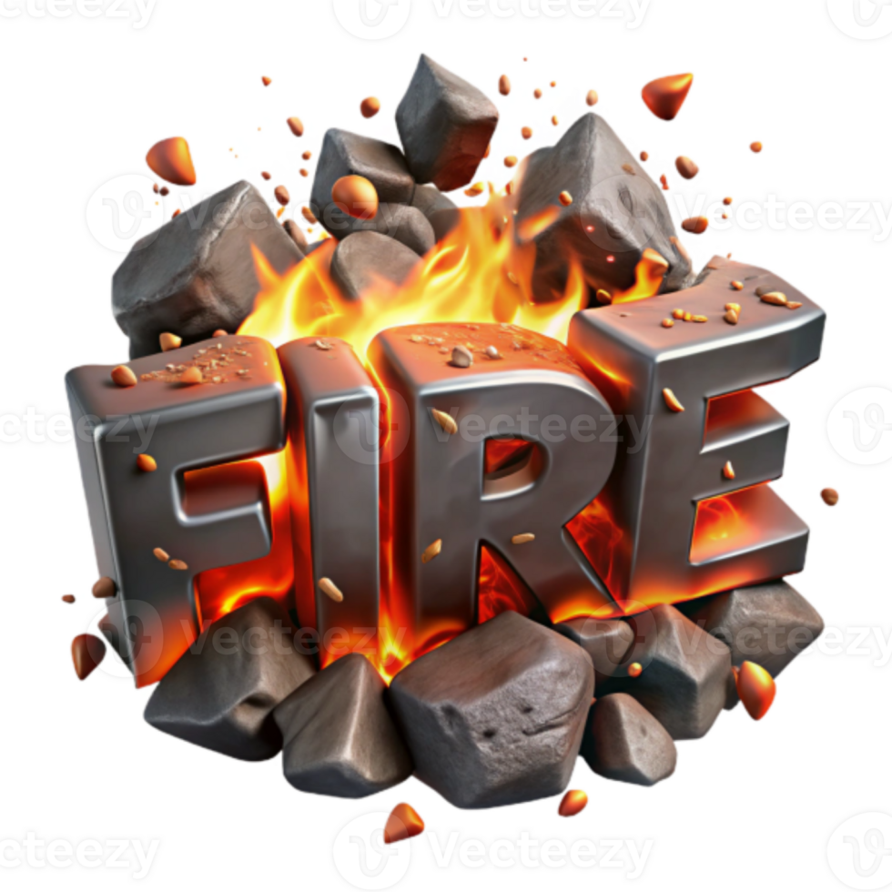 Fiery 3D Metal Letters Breaking Through Rocks Illustration png