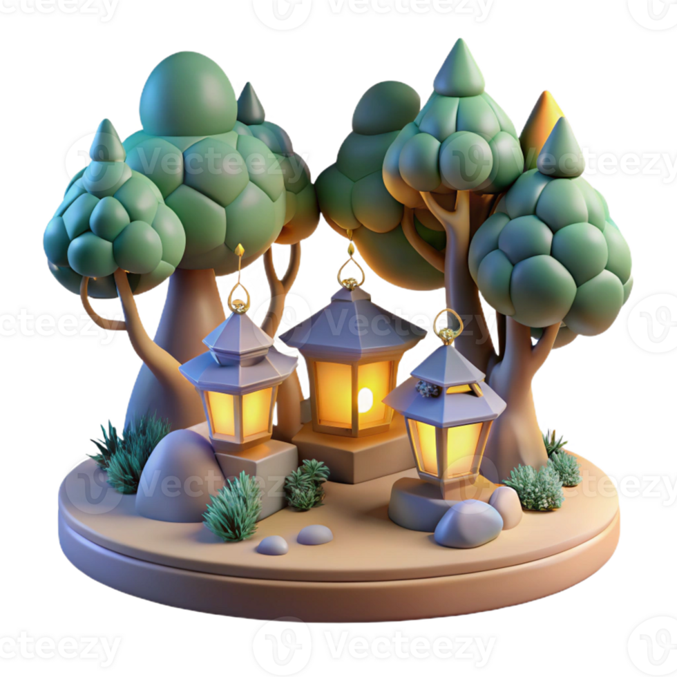 Luminous Lanterns in a 3D Forest A magical scene of glowing lanterns casting a warm light amidst a three-dimensional forest. png