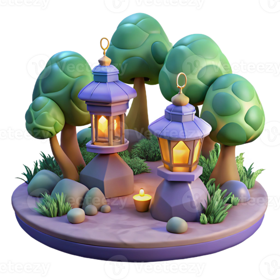 Three Dimensional Render of Illuminated Lanterns in a Peaceful Grove png