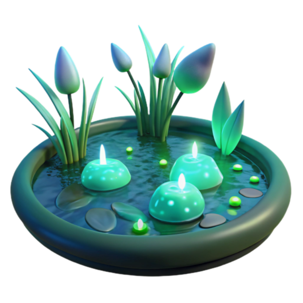 Serene 3D Render of Floating Candles in a Water Feature with Tulips png