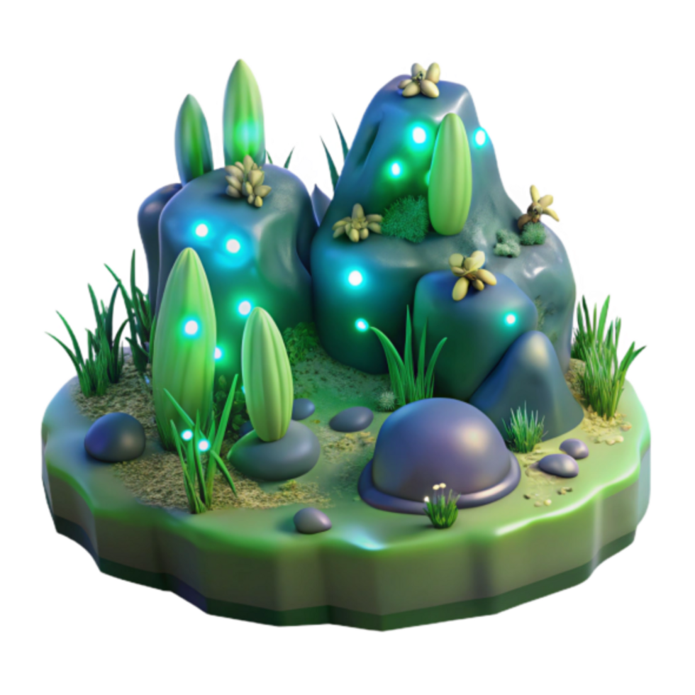 Glowing Flora Rock Formation 3D Render png