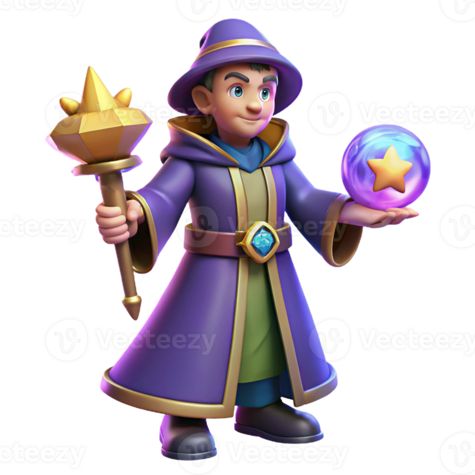 Wizard Magic Orb Staff Fantasy Game 3D Illustration Cute Character - A whimsical 3D illustration of a wizard with a magic orb and staff capturing their enchanting presence and magical abilities png