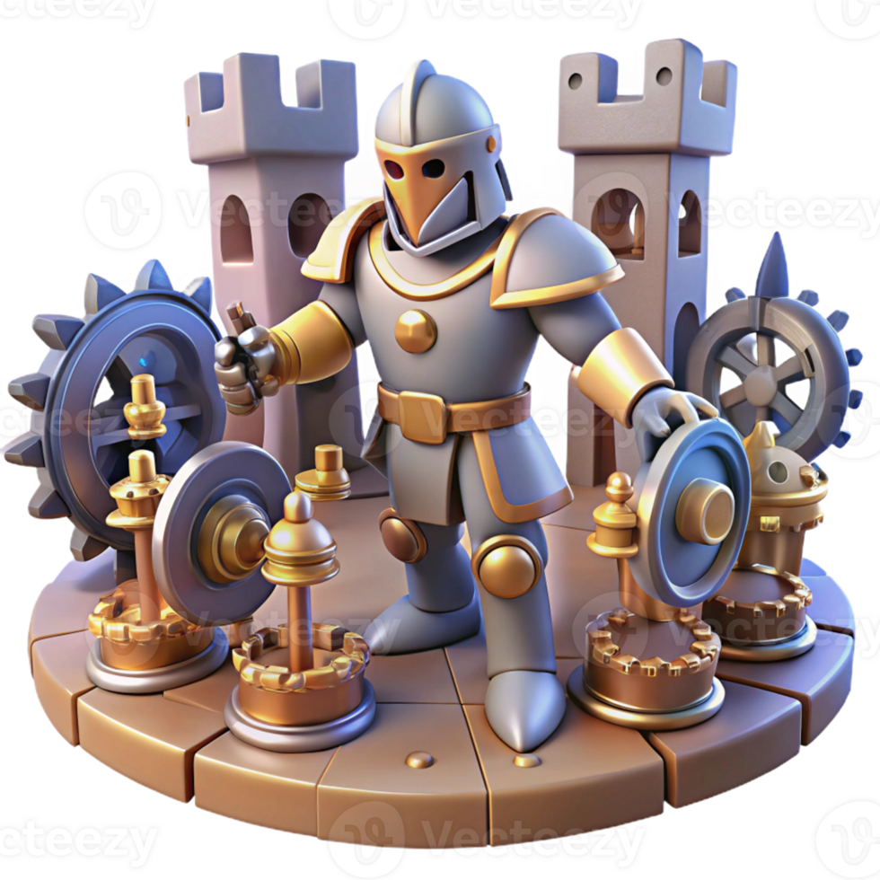 Gear Knight Castle Machinery A dynamic depiction of a knight navigating a world of gears and machinery, ready for battle in a digital world. png