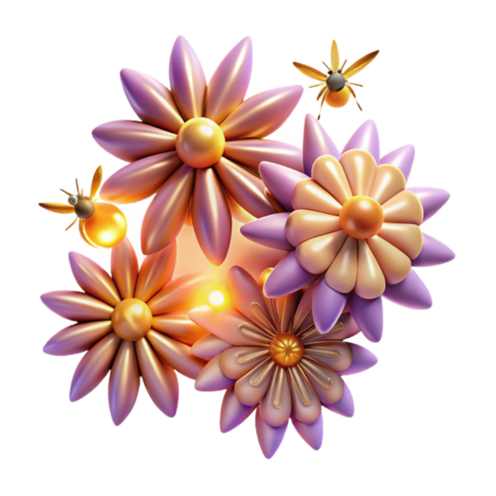 3D Render of Vibrant Floral Bouquet, Golden Center Daisies, Purple Petals, Abstract Background png