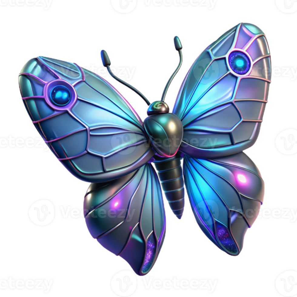 Cybernetic Butterfly 3D Render - A futuristic 3D render of a butterfly with cybernetic elements showcasing advanced mechanical design and vibrant colors png