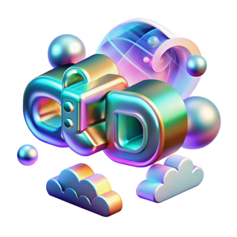 3D Render of iridescent letters CD with Clouds and Spheres Abstract Background png
