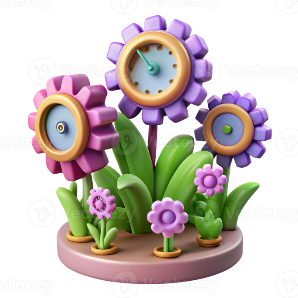 Three Dimensional Gear Flowers with Clock in a Creative Scene of Design png