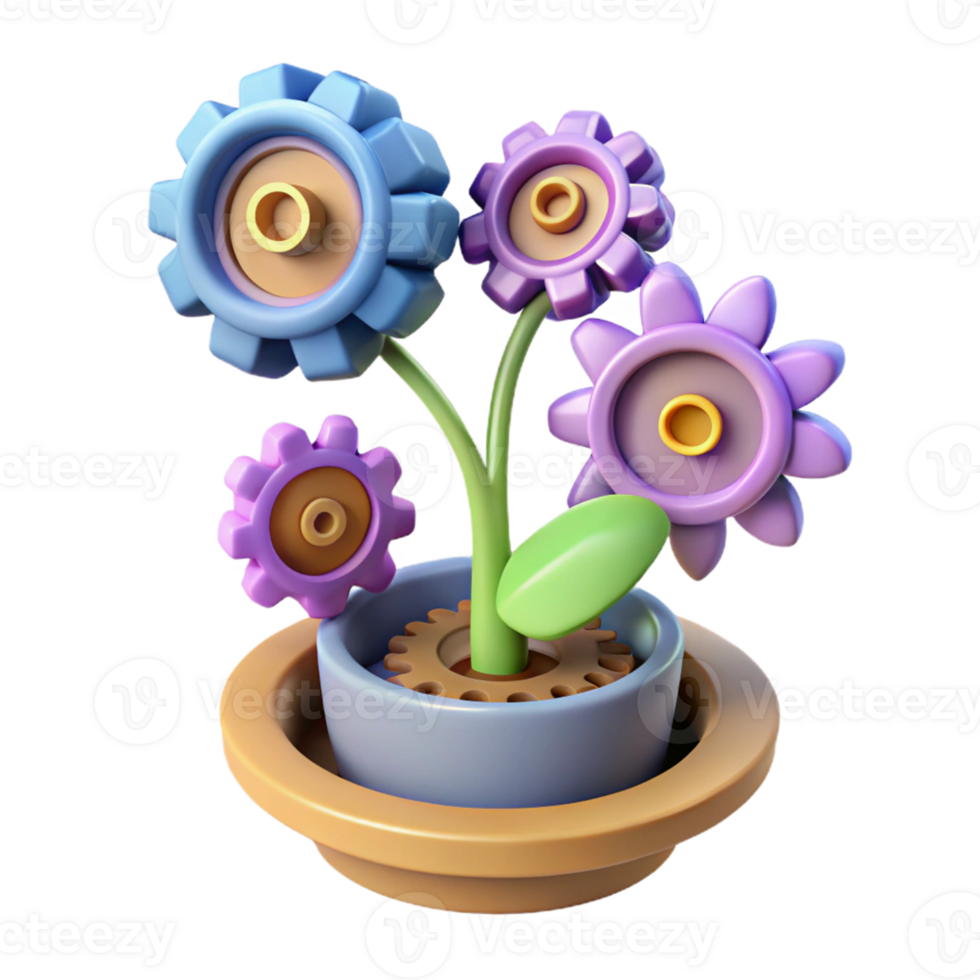 Gear Flowers in Pot 3D Render - A whimsical 3D render of flowers crafted from gears in a pot capturing their playful and enchanting presence png