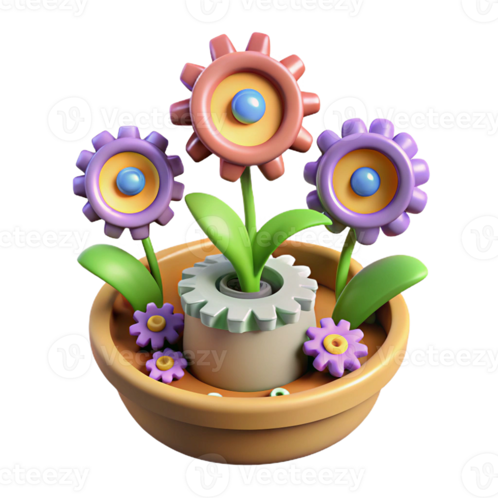 Gear Flowers in Pot 3D Render A whimsical 3D depiction of gear flowers in a pot, blending mechanical design with natural elements. png