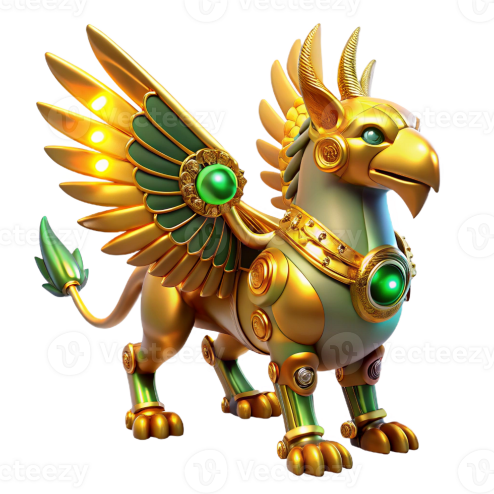 Golden Griffin Mechanical Wings - A majestic depiction of a griffin with mechanical wings crafted in gold capturing its mythical essence and regal presence png