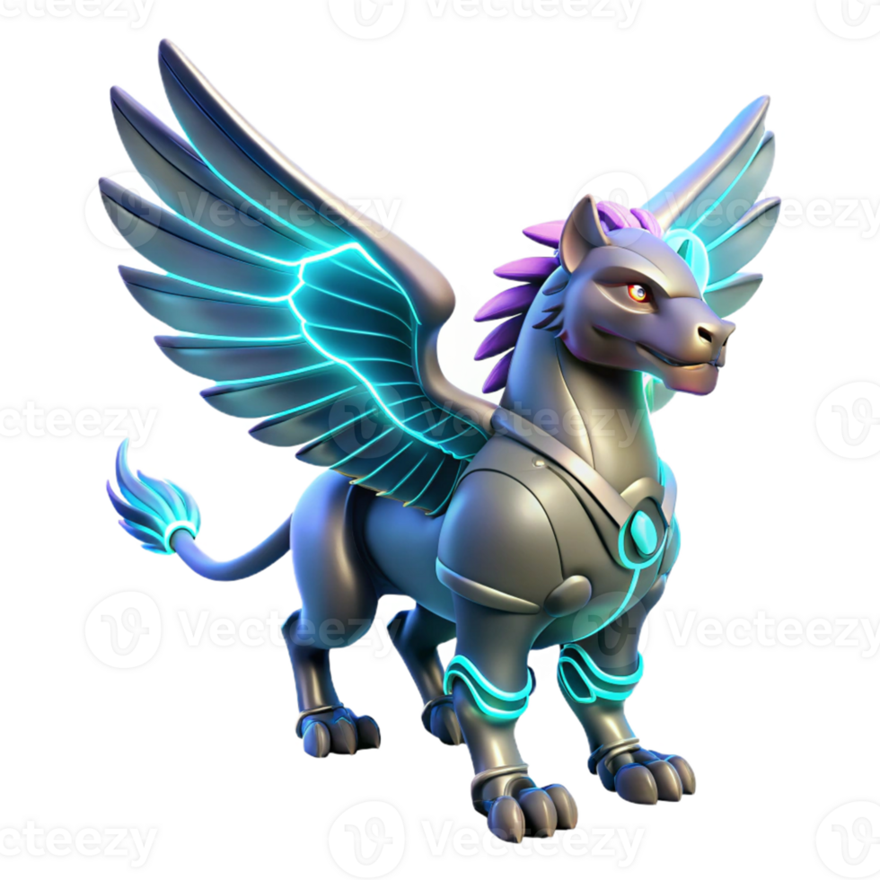 Cybernetic Griffin Fantasy Creature A mythical griffin crafted as a cybernetic design, its wings glowing with vibrant colors in a digital world. png