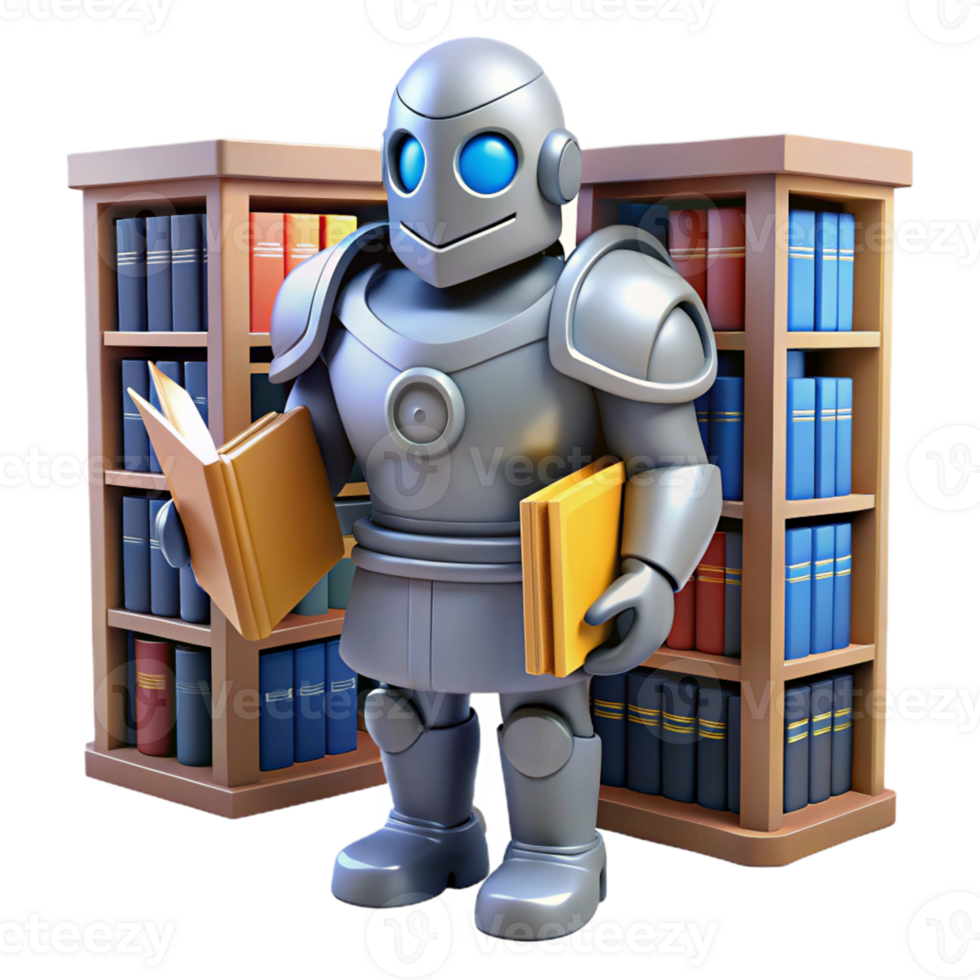 Robot Librarian with Bookshelves A dynamic depiction of a librarian crafted as a robot, navigating a world of bookshelves in a digital world. png