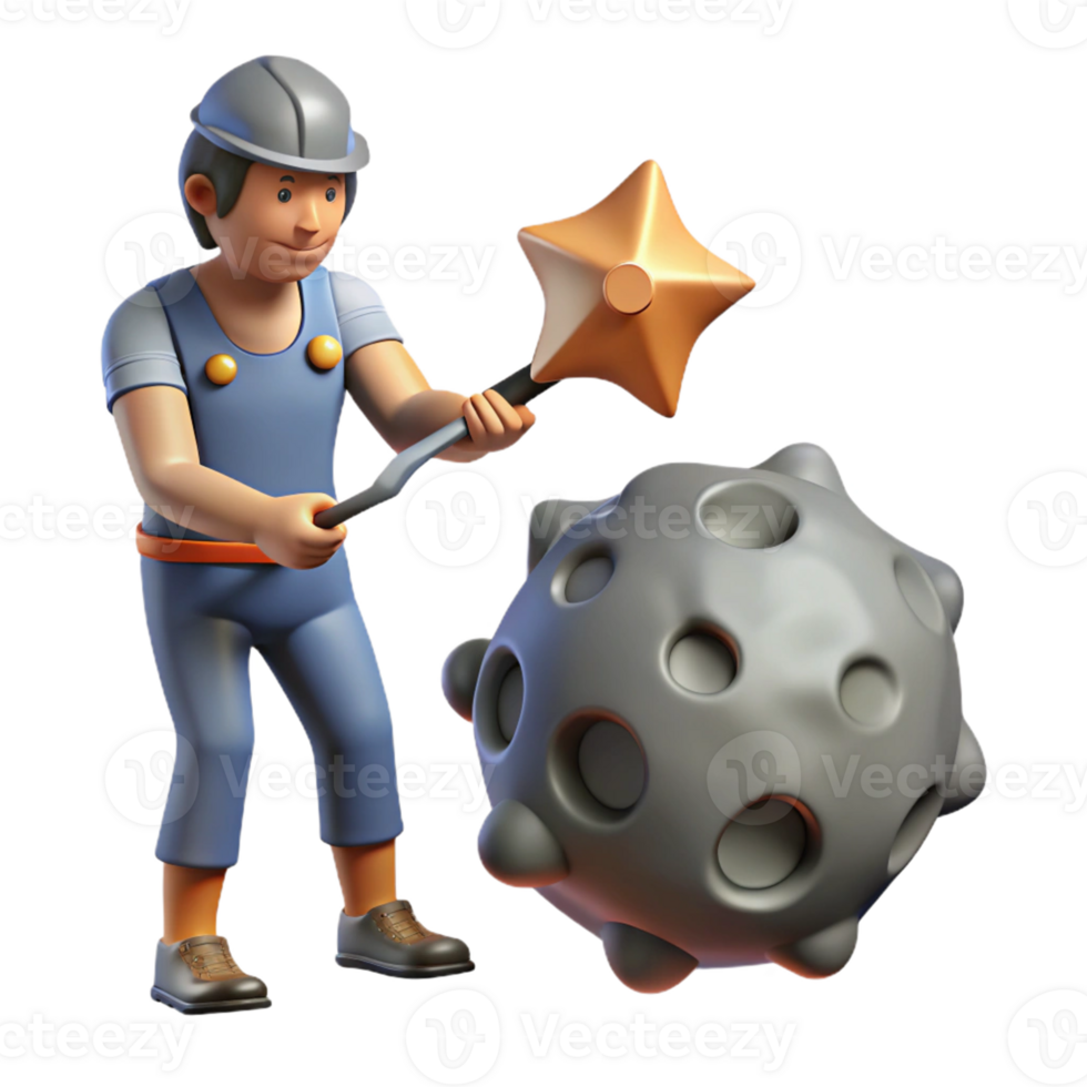 Worker Crushing Asteroid A dynamic 3D render of a worker crushing an asteroid, capturing the essence of space mining and futuristic labor. png