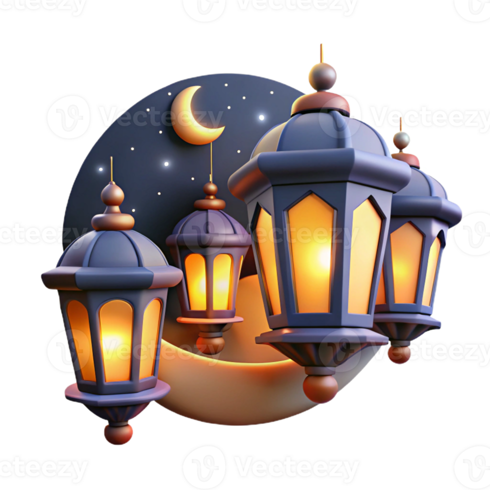 Glowing Lanterns with a Crescent Moon in a Mesmerizing Three Dimensional Scene of Enchantment png
