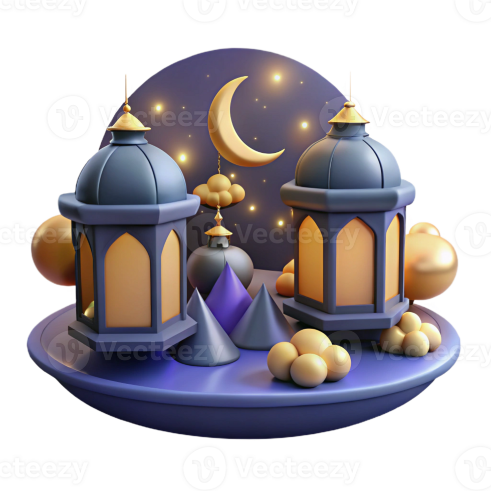 Night Scene with Lanterns and a Crescent Moon in a Mesmerizing Three Dimensional Scene of Enchantment png