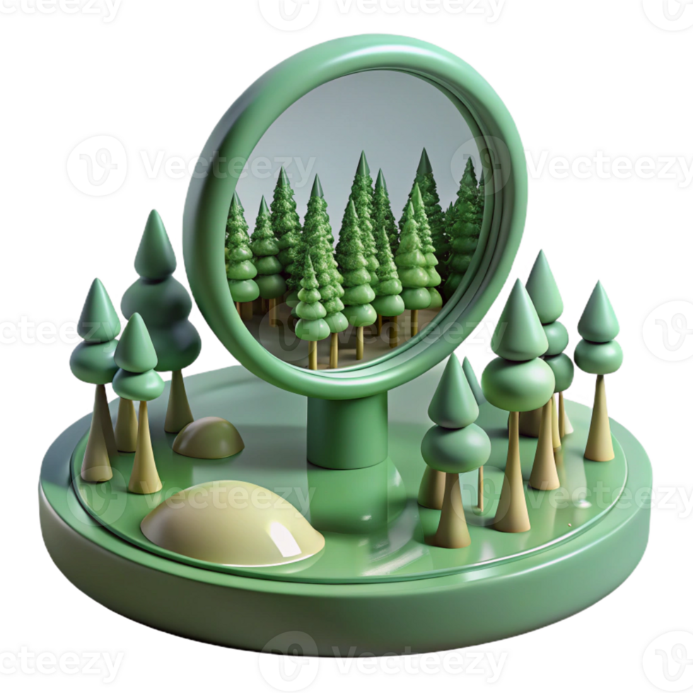 Forest Reflection A Green World A serene 3D render of a forest reflection, capturing its natural beauty and wild presence. png