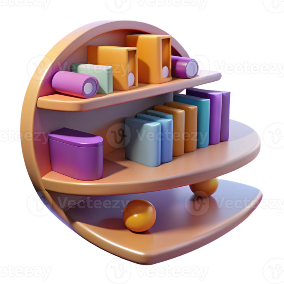 Pastel Shelf with Books Objects A vibrant 3D render of a pastel shelf with books and objects, capturing the essence of knowledge and creativity. png