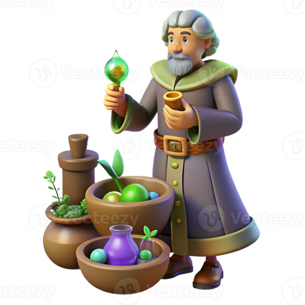 Herbalist Alchemist Potion Making in a Magical Three Dimensional Scene of Enchantment png