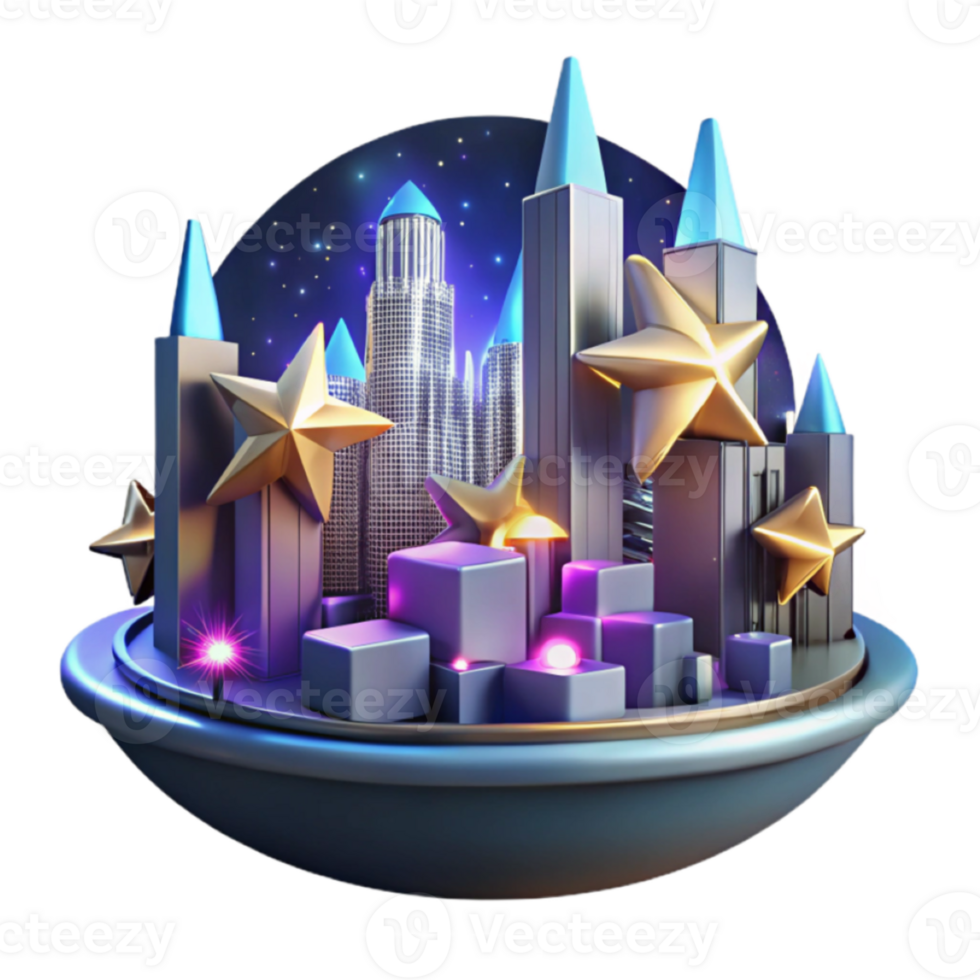 Enchanted Metropolis 3D Render Night Scene with Stars and Buildings png