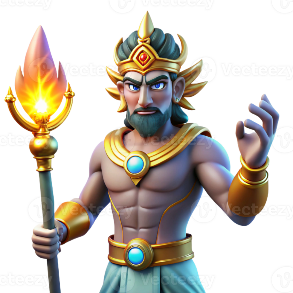 Mythical King with Flaming Staff A majestic 3D render of a mythical king with a flaming staff, capturing his regal presence and intense power. png