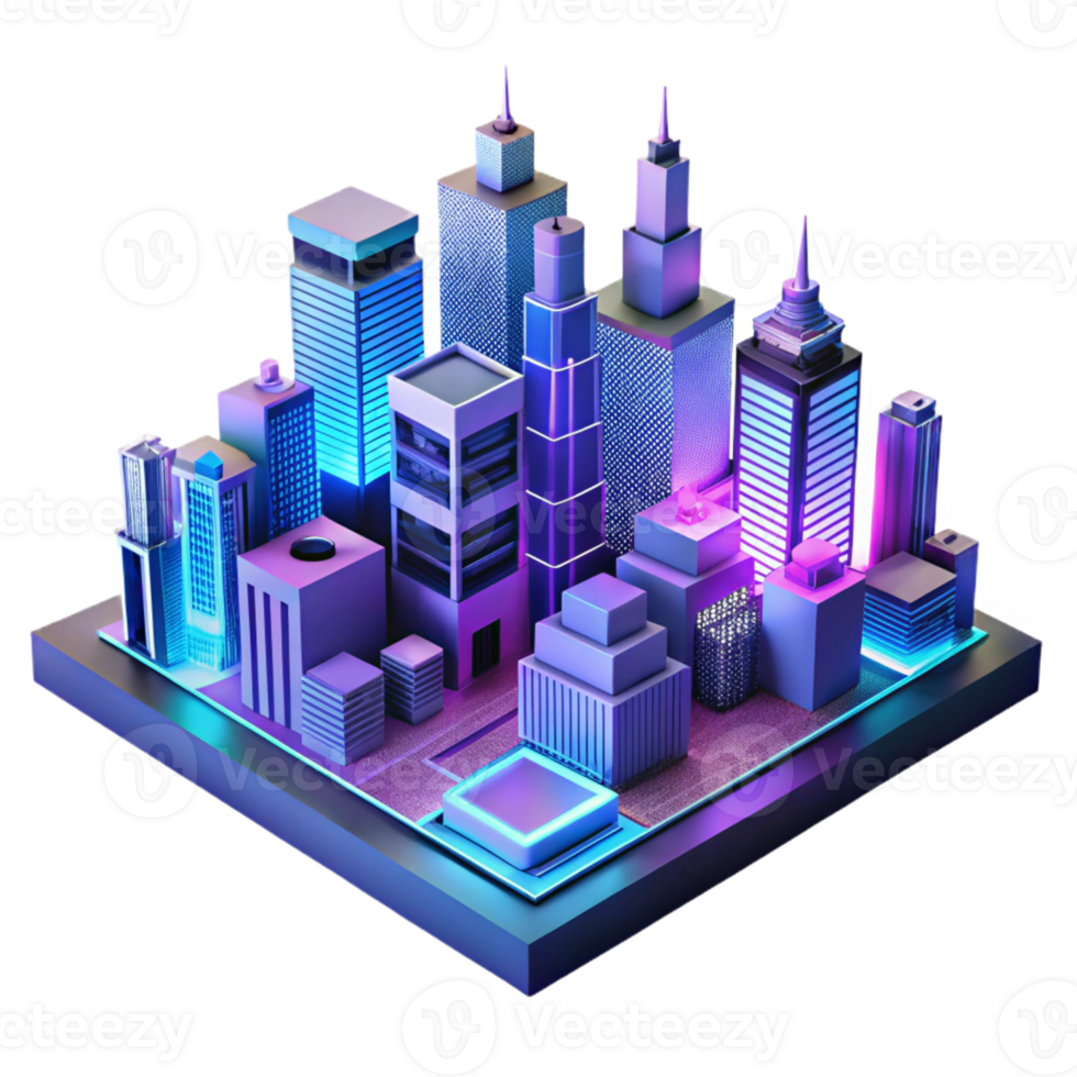 Neon Cityscape 3D Isometric Model - A vibrant 3D isometric model of a cityscape illuminated with neon lights capturing the essence of urban nightlife and modern design png