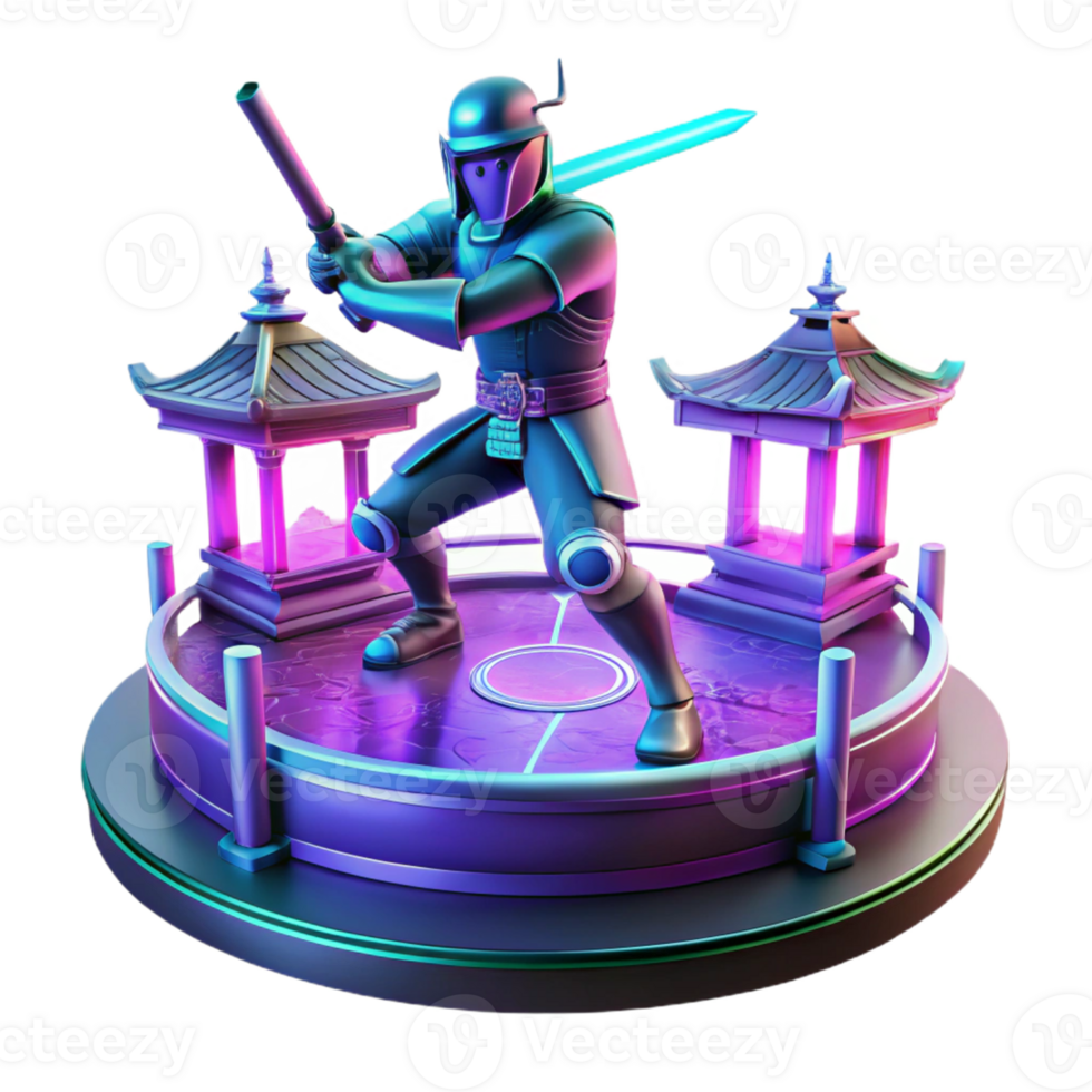 Neon Warrior 3D Render A vibrant depiction of a warrior glowing with neon colors, navigating the digital battlefield in a stunning render. png