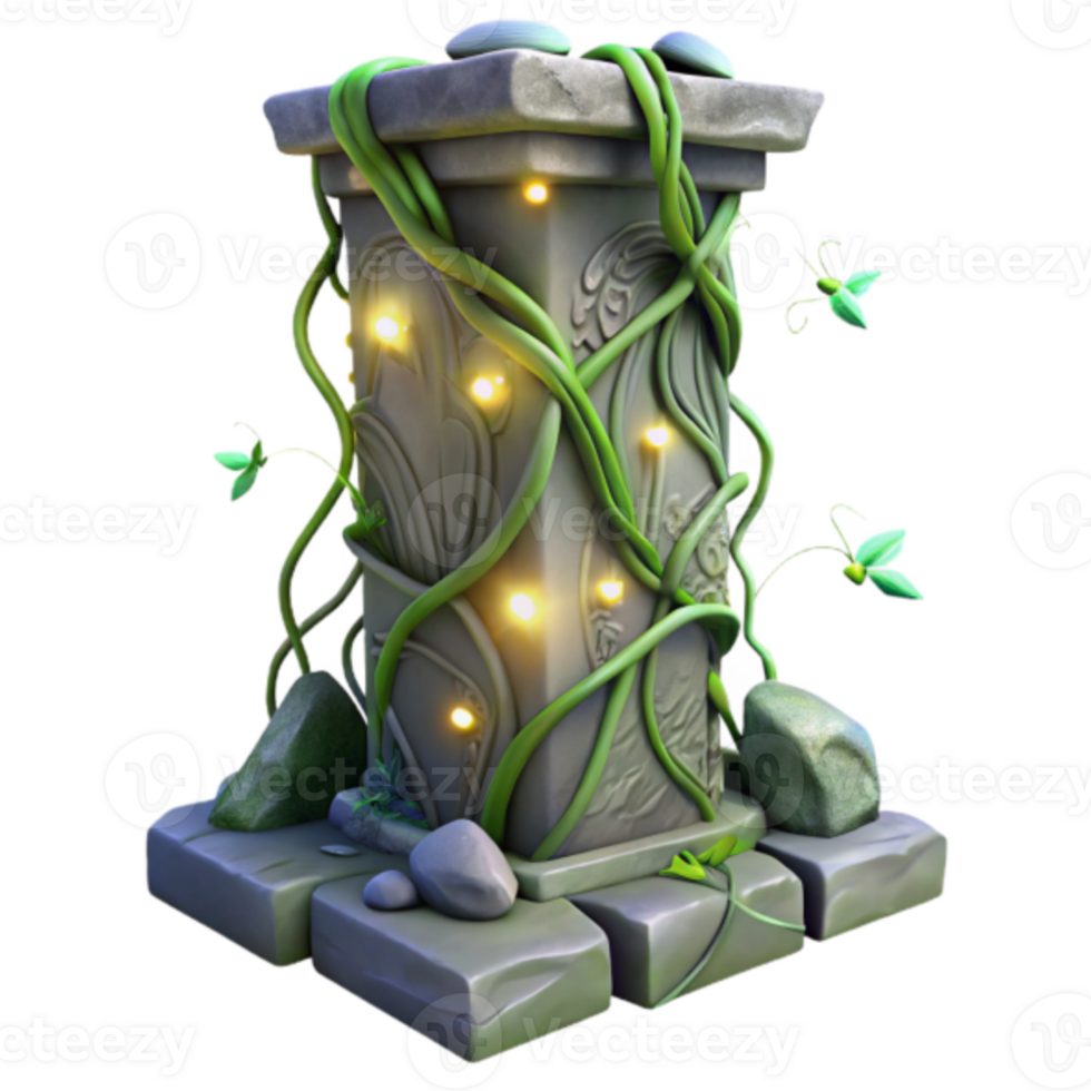 Enchanted Stone Pillar 3D Render, Luminous Vines, Mystical Glow, Fantasy Architecture, Game Asset, Stone Carving, Nature Scene, Ancient Ruins, Illuminated Pillar, Organic Design png