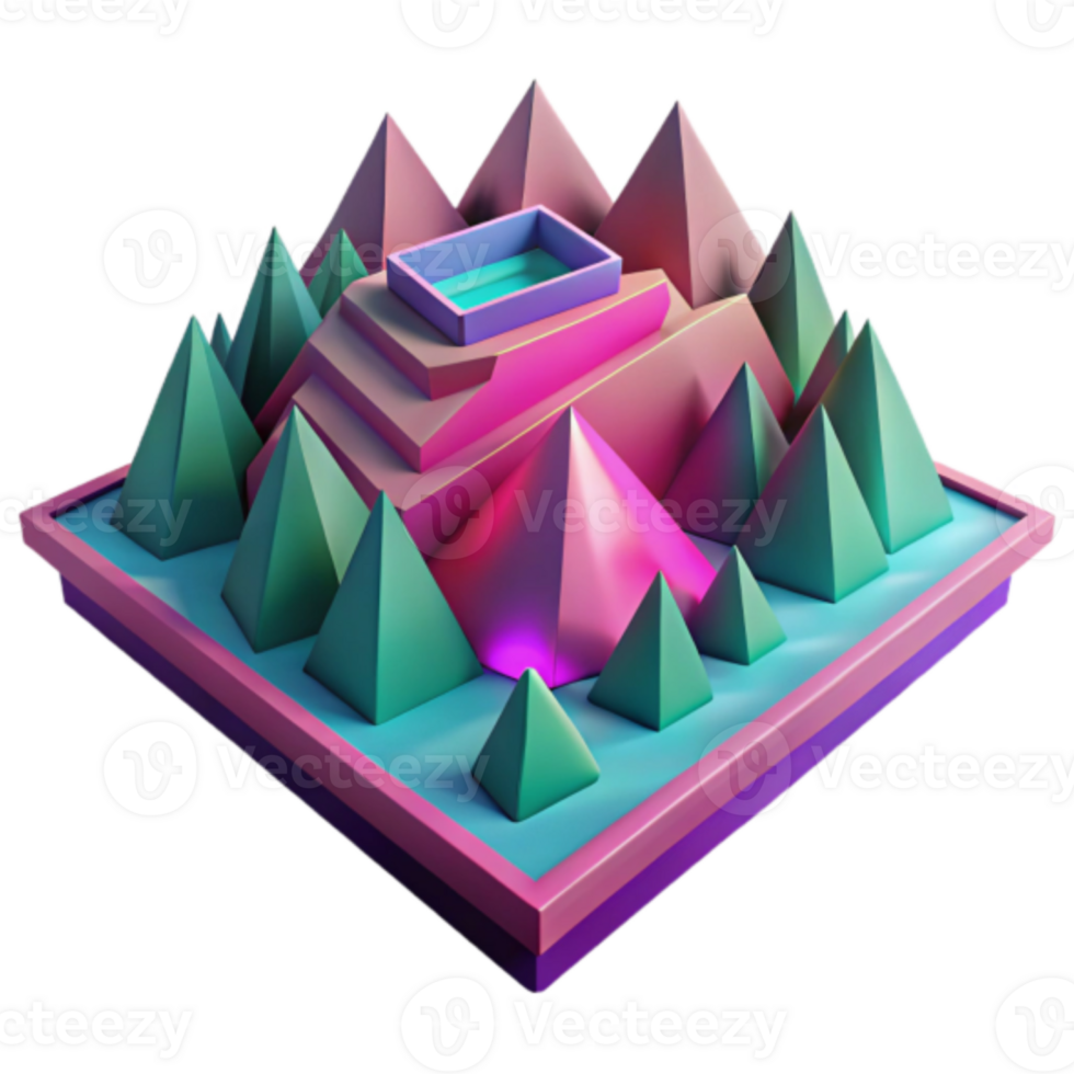 Abstract 3D Render of Geometric Mountain Landscape with Pool png