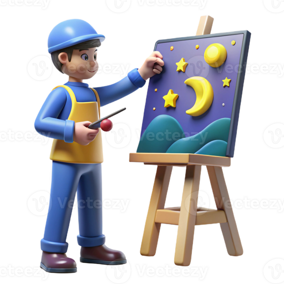 Night Sky Art Child Creates Moon Stars A dynamic depiction of a child creating a moon and stars, capturing the essence of creativity in a digital world. png