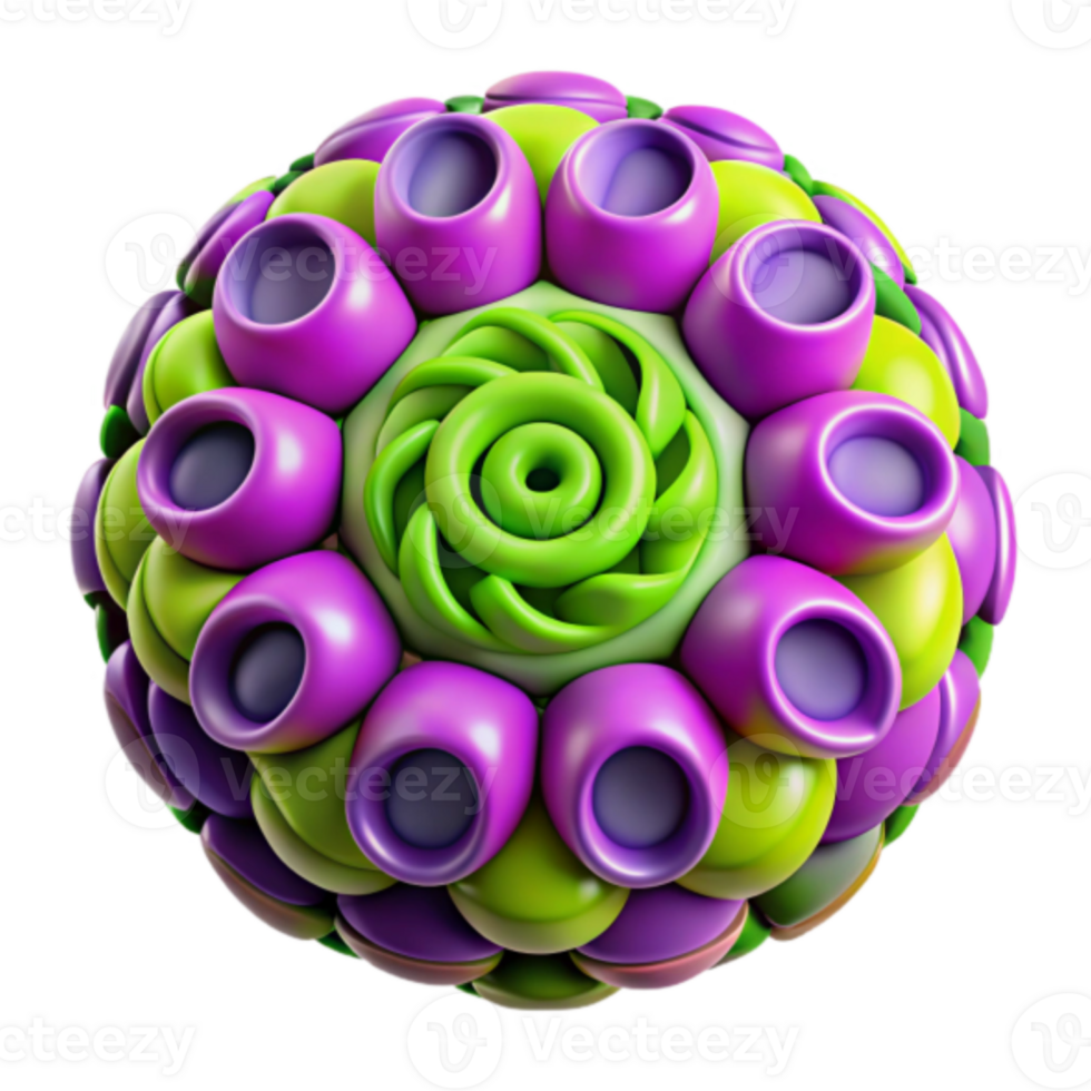 Vibrant 3D Render of Abstract Spherical Structure with Green and Purple Organic Forms png