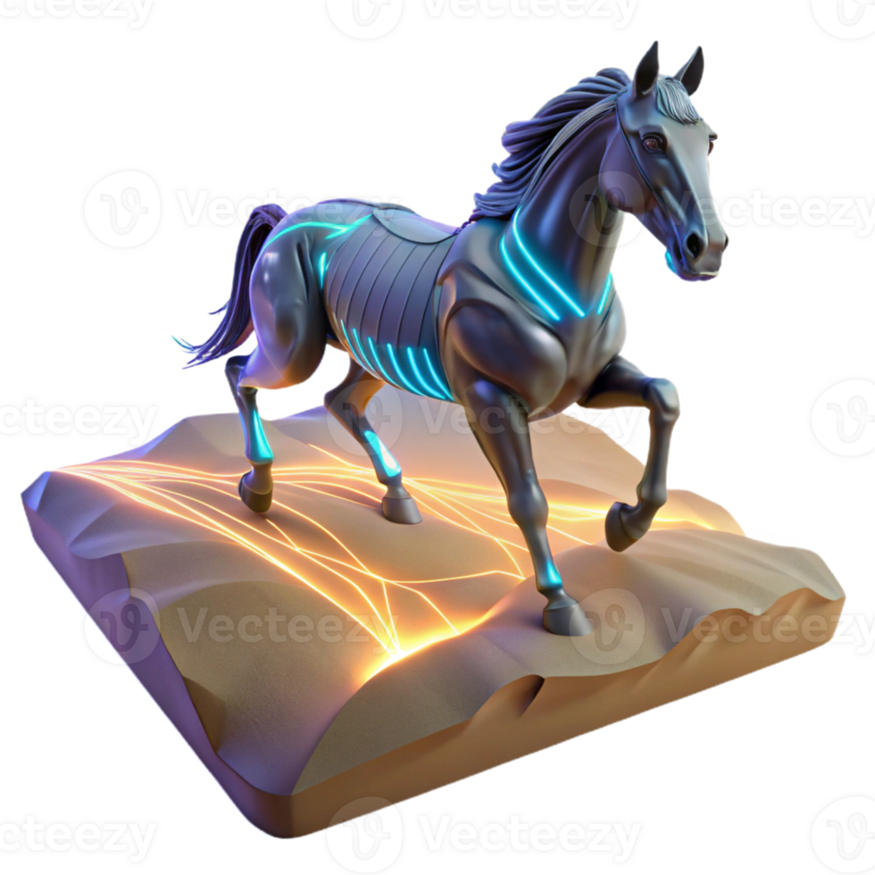 Cybernetic Horse in Desert - A futuristic depiction of a cybernetic horse navigating through a desert blending advanced technology with natural elements png