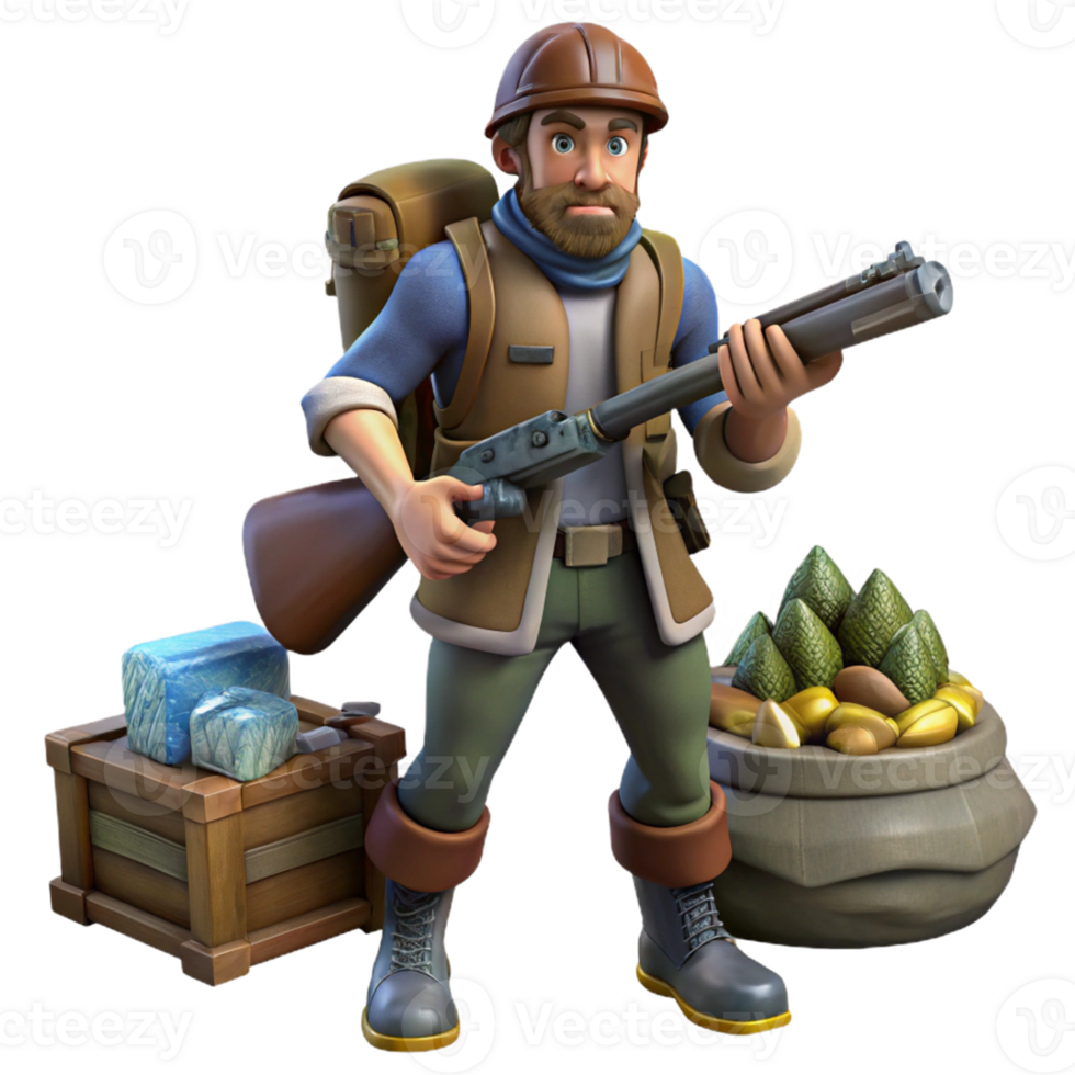 Explorer with Gun Treasure in a Dynamic Three Dimensional Scene of Adventure png
