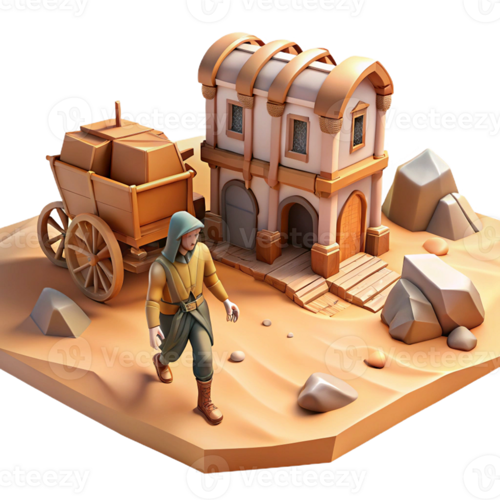 Desert Wanderer and Merchant's House A dynamic depiction of a wanderer navigating a desert, capturing the essence of adventure in a digital world. png